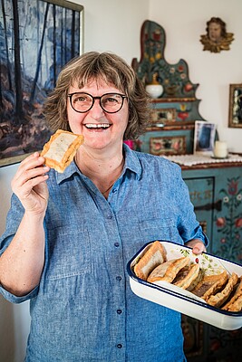 Banner "D´Leibspeis, de koche ma ..." - Kurs für Schmalzgebackenes
